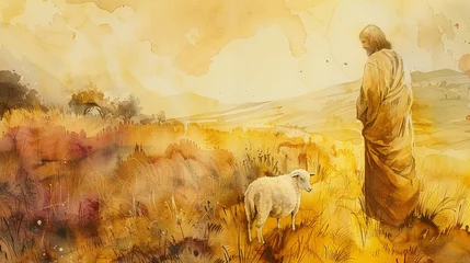 Fotobehang Jesus as the Good Shepherd in a golden watercolor landscape © sticker2you