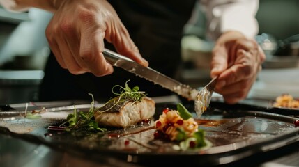 Obraz na płótnie Canvas Top culinary professionals crafting an exquisite sea bass feast