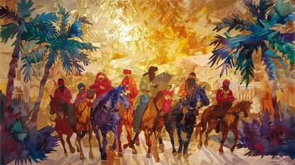 Naklejka premium Jesus triumphant entry into Jerusalem vibrant gold watercolor palms