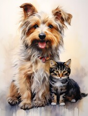 Charming Watercolor Portrait of Playful Dog and Cat in Lifelike, Humorous Style