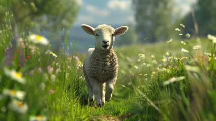 Cheerful lamb smiling amongst flowers - A joyful lamb smiling amongst white flowers in a lush green...