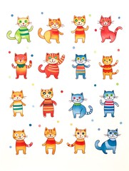 Colorful Watercolor of Lively and Mischievous Maneki Neko Cats