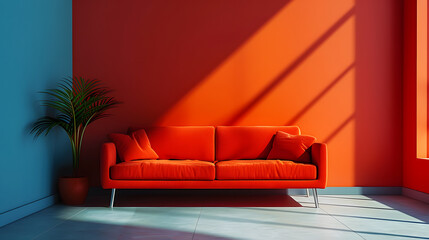 A vibrant living room with red walls and a red couch, both made of ambercolored wood. The rectangular studio couch adds comfort to the orangethemed furniture and complements the flooring