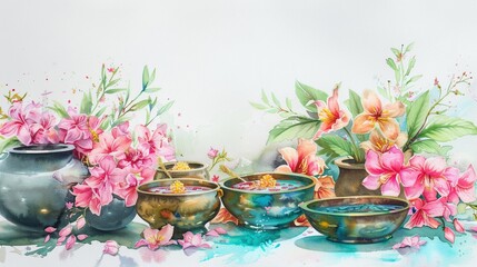 Obraz na płótnie Canvas Tranquil watercolor painting of Songkran flower offerings and water bowls