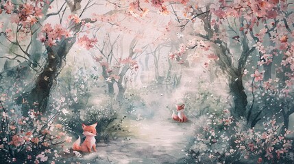 Whimsical watercolor forest scene with pink blossoms and playful fox cubs for enchanting weddings.