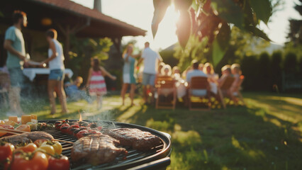 Group of friends having a barbecue party in the garden. Selective focus.