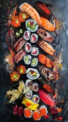 A sushi feast focusing on the rich colors and intricate details of each roll