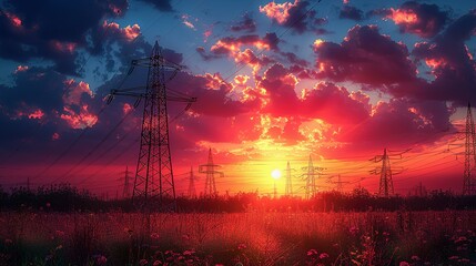 Silhouette of High voltage electric tower on sunset time background - obrazy, fototapety, plakaty