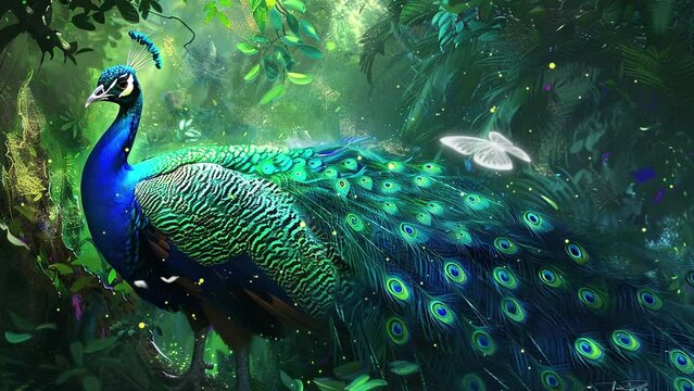 digital painting of a regal peacock displaying. seamless looping overlay 4k virtual video animation background