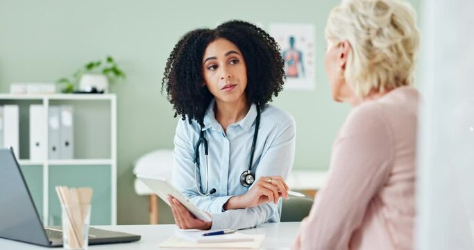 Woman, doctor and tablet with patient in discussion for healthcare advice, prescription or diagnosis at clinic. Female person, cardiologist or medical worker consulting client on technology at office