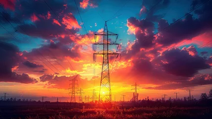 Foto op Canvas Silhouette of High voltage electric tower on sunset time background © Jennifer