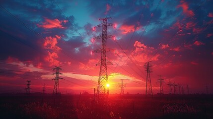 Silhouette of High voltage electric tower on sunset time background