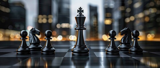 Dynamic 3D illustration of Corporate Chess, with skyscrapers as pawns and executives as knights , 3D render - obrazy, fototapety, plakaty