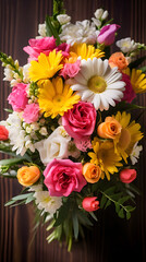 Naklejka na ściany i meble Vibrant Blossom: An Artistic Arrangement of Fresh Roses, Tulips, Daisies with Rustic Background