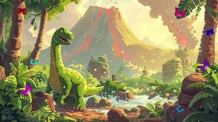 illustration of a playful cartoon dinosaur romping. seamless looping overlay 4k virtual video animation background