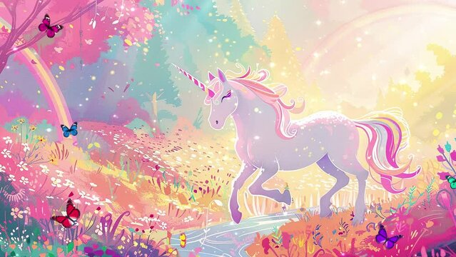kids background with illustration of a whimsical cartoon unicorn. seamless looping overlay 4k virtual video animation background