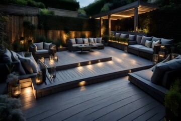 Composite decking in ash grey with two levels deck lights and ideal for a landscape gardener 