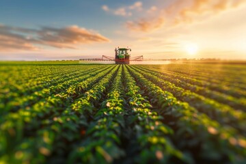A tractor spraying pesticide on soybean farm at spring sunset. - obrazy, fototapety, plakaty