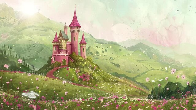 a whimsical fairytale castle nestled. fantasy scene background illustration.  seamless looping overlay 4k virtual video animation background