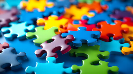 set of colored puzzles. the concept of combining different tasks into one whole. puzzle solution