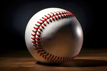 Baseball ball on a wooden table with dark background. Close up.