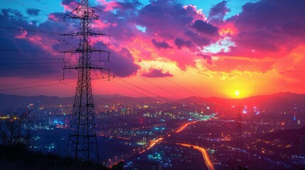Silhouette of High voltage electric tower on sunset time background - obrazy, fototapety, plakaty