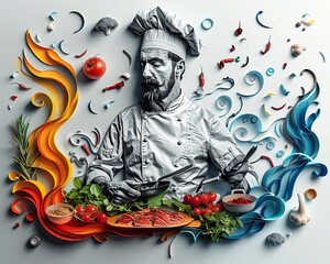Craft a visually stunning die-cut image portraying a celebrity chef overcoming challenges with flair and finesse Showcase the chefs expertise in a panoramic view, incorporating elements like sizzling 