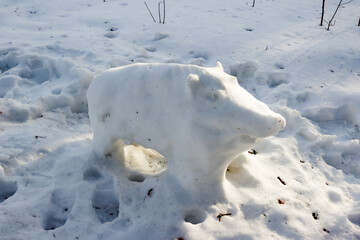 Figure of a wild boar made from snow in the park