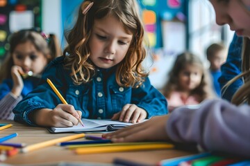 Teacher assisting young student with writing in a classroom setting focusing on language development and education. Concept Classroom dynamics, Language development, Education support - obrazy, fototapety, plakaty