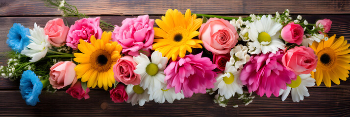 Vibrant Blossom: An Artistic Arrangement of Fresh Roses, Tulips, Daisies with Rustic Background