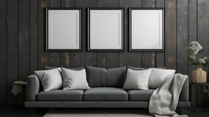 Empty photo frame mockup on the wall, gray sofa, interior design
