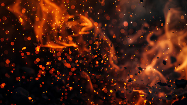 The image is of a fire with a lot of sparks flying out of it. The fire is orange and the sparks are small and scattered. The scene is intense and dramatic, as the fire seems to be spreading rapidly