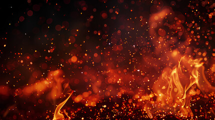 The image is of a fire with a lot of sparks flying out of it. The fire is orange and the sparks are small and scattered. The scene is intense and dramatic, as the fire seems to be spreading rapidly - obrazy, fototapety, plakaty