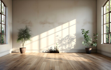 Fototapeta na wymiar sunlit empty room with a growing flower. indoor modern interior
