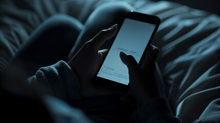 Smartphone Screen Glow on Person's Face at Night - obrazy, fototapety, plakaty