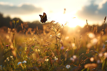 Flying colored butterfly against a sunset background. insects. Flora and fauna