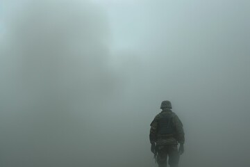 Soldier in military gear walking into fog