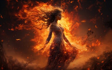 Magical woman summoning fire. Beautiful shamanic girl playing on shaman frame drum in the nature. Generative AI. - obrazy, fototapety, plakaty