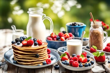 summer breakfast served on the terrace pancakes with berries and fruits granola with milk healthy...