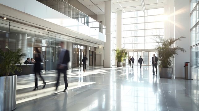 Lobby-office area. Modern architecture. Office workers walk through the office space. Motion blurred image