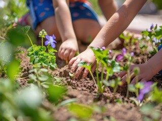 Outdoor school garden children planting flowers