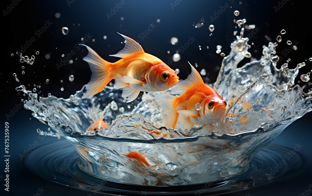 Sticker Goldfish jumping out of the water in a fishbowl. water world. fauna and biology. concept of achieving goal and freedom