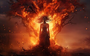 woman harnessing the power of fire. Delve into serene beauty of a shamanic girl playing frame drum in nature, skillfully crafted with blend of digital drawing and painting techniques. - obrazy, fototapety, plakaty