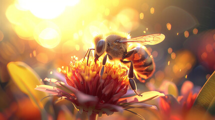 beautiful bee on flower with natural warm light - obrazy, fototapety, plakaty