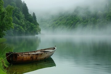Obraz premium Boat on calm lake water with green trees in mist