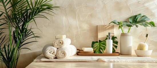 Bath towels, wooden poster, and houseplant arranged on a table with space for text.