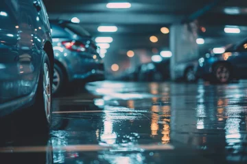 Fototapeten Cars in a parking lot illuminated at night © InfiniteStudio