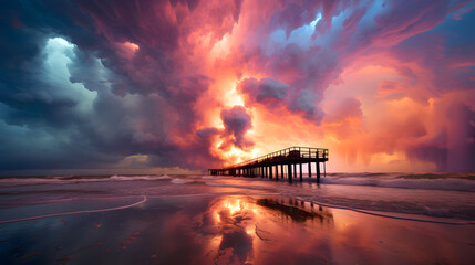 Wooden pier on the sea against the backdrop of dramatic colored clouds. place for fishing and relaxation - obrazy, fototapety, plakaty