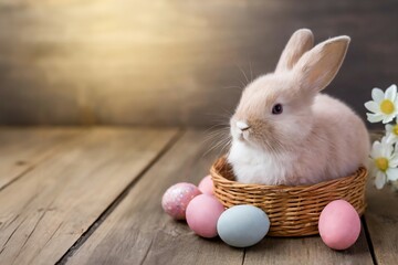 cute little pale pink easter bunny sitting next to a basket of easter eggs 
