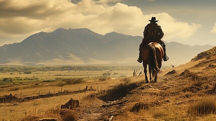 cowboy on a horse with his back riding slowly towards the mountains at the bottom of the valley.